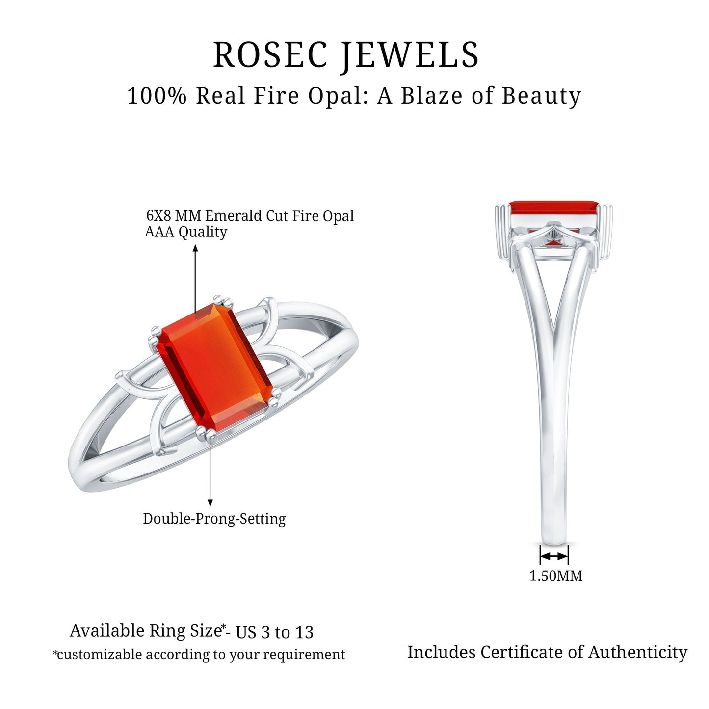 1 Carat Solitaire Emerald Cut Fire Opal Engagement Ring