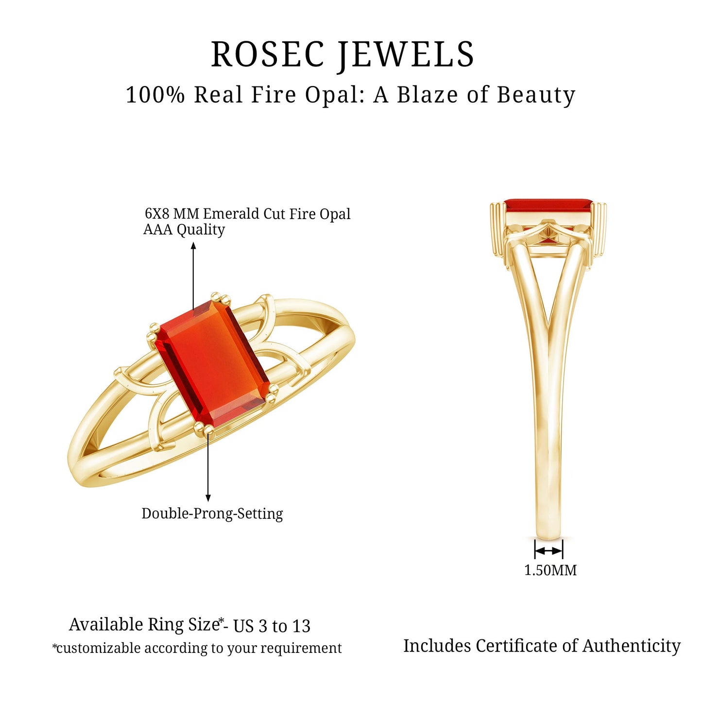 1 Carat Solitaire Emerald Cut Fire Opal Engagement Ring