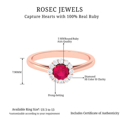 Natural 0.6 Carat Ruby Engagement Ring with Diamond Halo