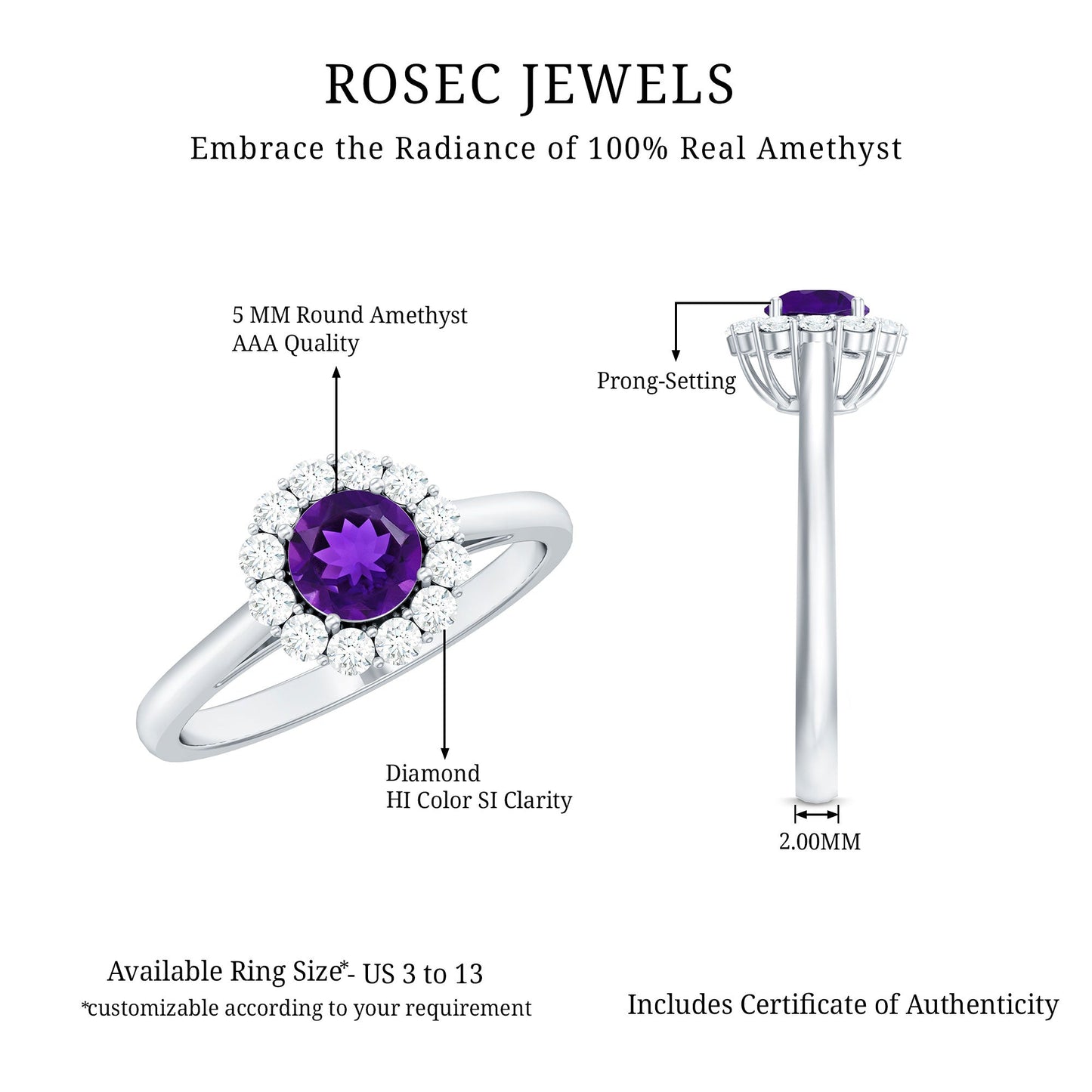 Natural Amethyst Engagement Ring with Diamond Halo for Women