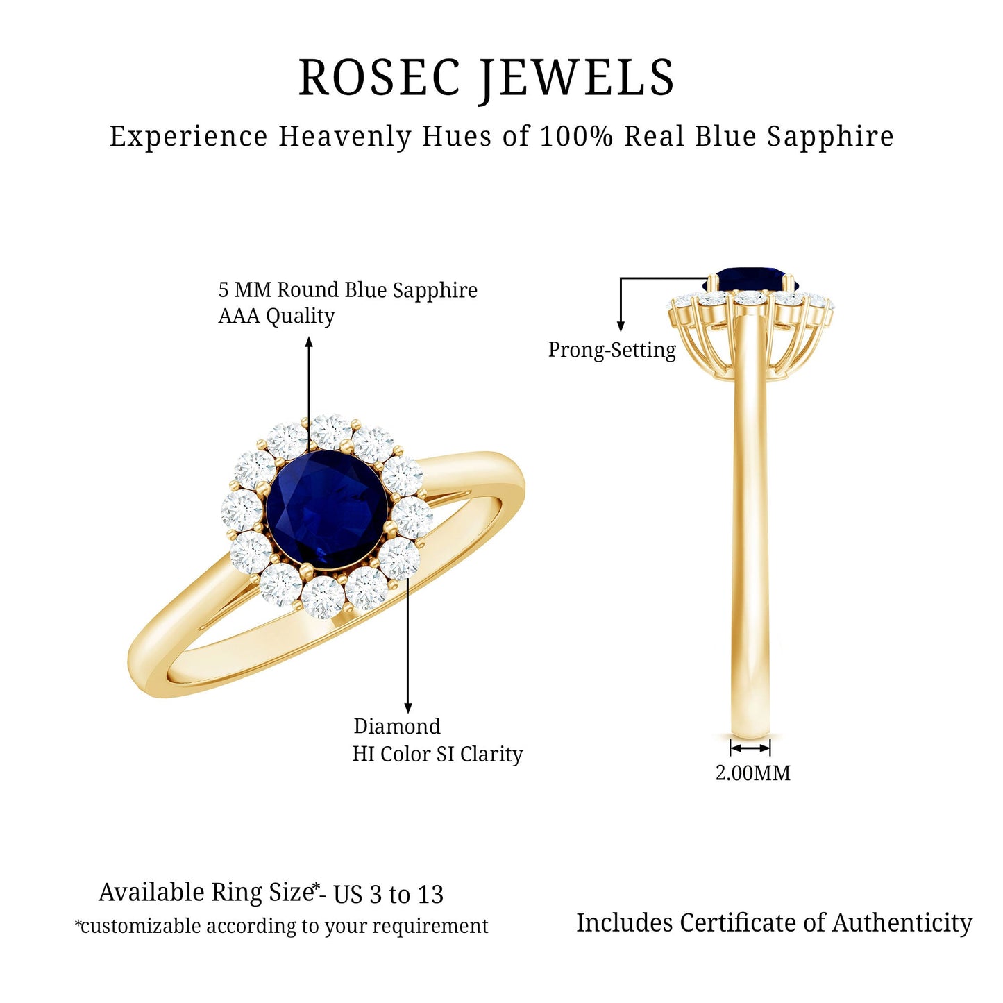 Genuine 0.9 Carat Blue Sapphire and Diamond Round Halo Engagement Ring