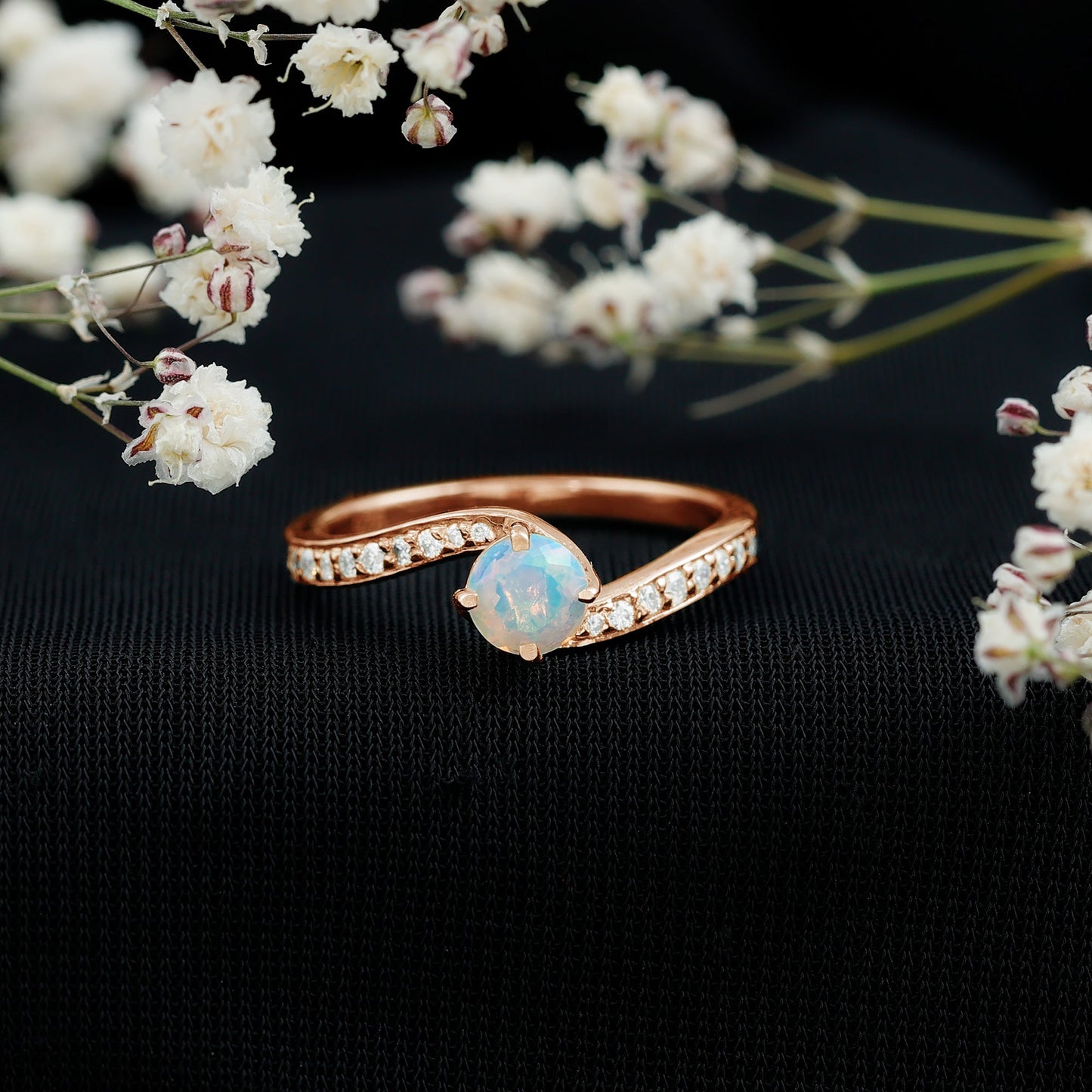 Natural Certified Ethiopian Opal Solitaire Promise Ring with Bypass Shank