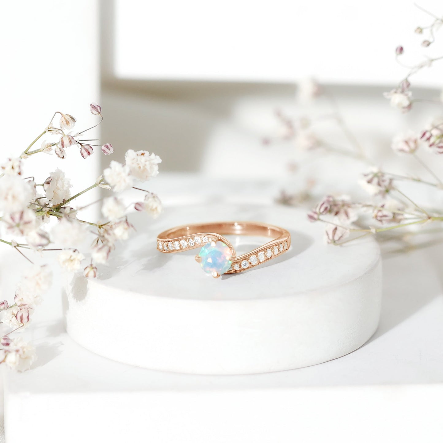 Natural Certified Ethiopian Opal Solitaire Promise Ring with Bypass Shank