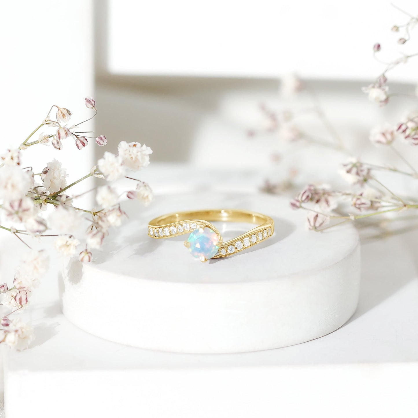 Natural Certified Ethiopian Opal Solitaire Promise Ring with Bypass Shank