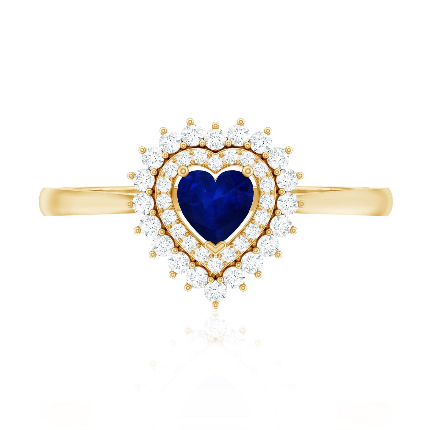Real 0.6 Carat Heart Shaped Blue Sapphire and Diamond Double Halo Engagement Ring