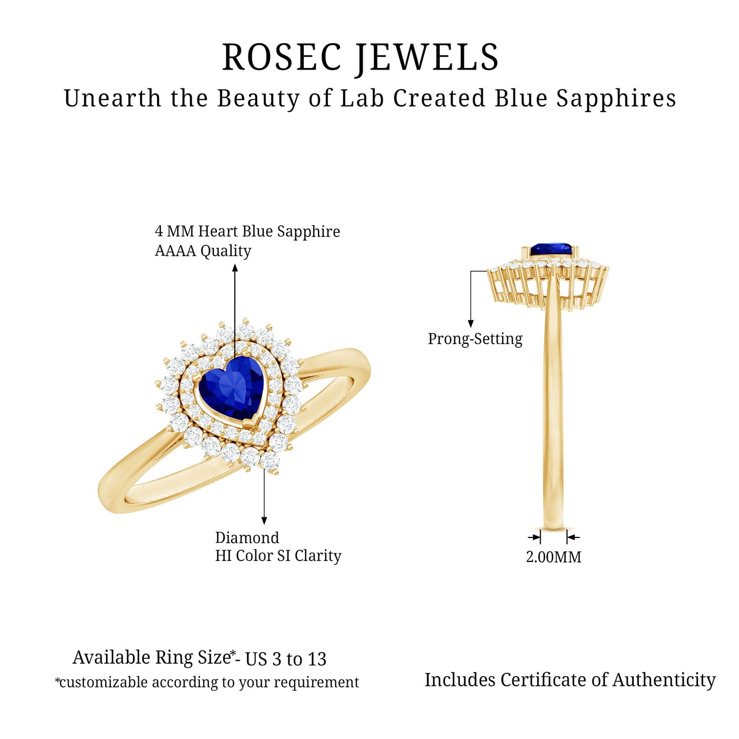 Certified Lab Grown Blue Sapphire Heart Engagement Ring with Diamond Double Halo