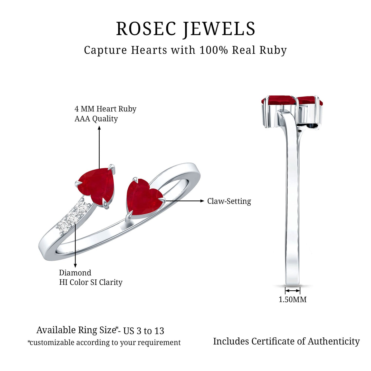 Real Heart Shape Ruby Toi Et Moi Promise Ring with Diamond