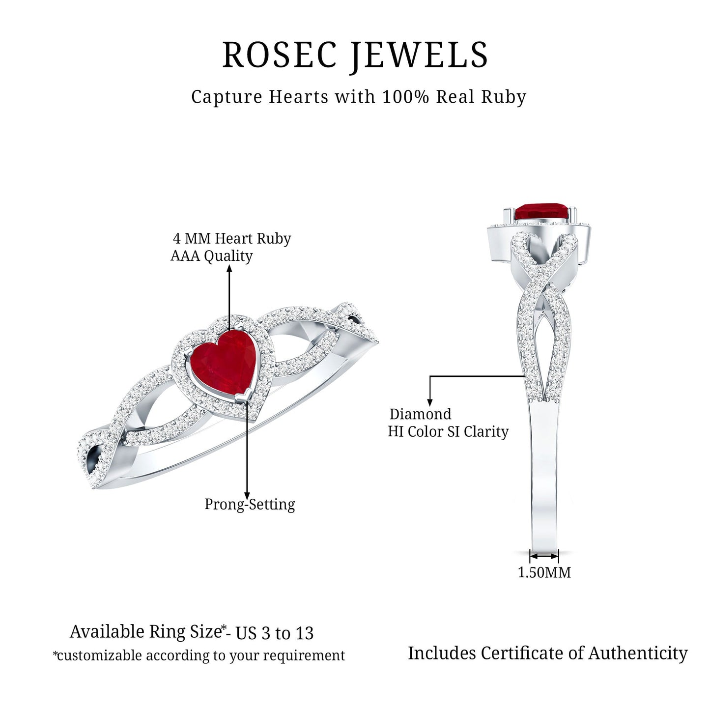 Natural Ruby Heart Promise Ring with Diamond Crossover Shank