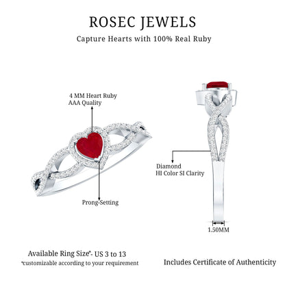 Natural Ruby Heart Promise Ring with Diamond Crossover Shank