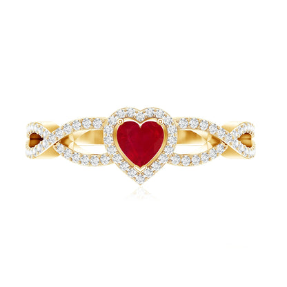 Natural Ruby Heart Promise Ring with Diamond Crossover Shank