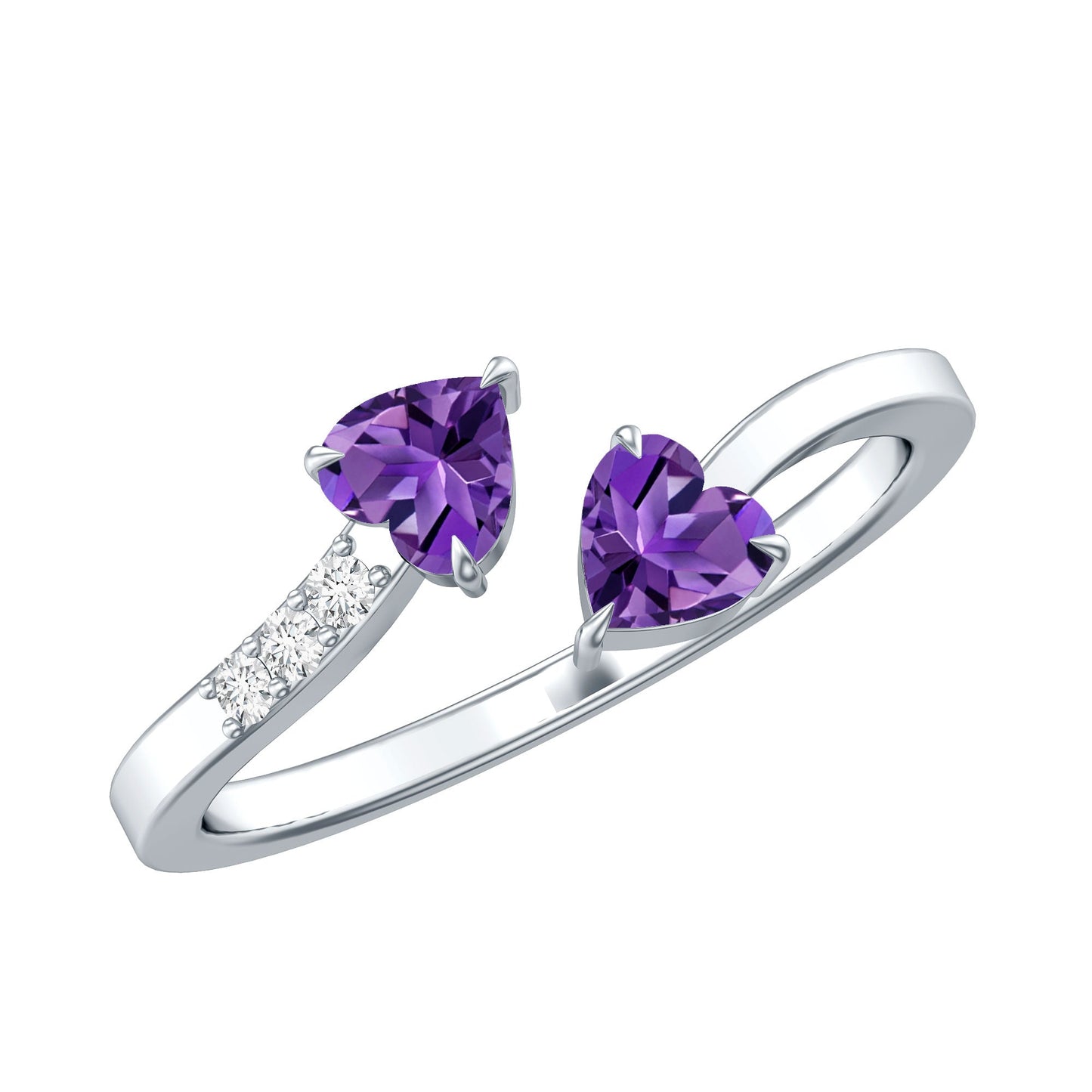 Natural Amethyst 2 Stone Heart Promise Ring with Diamond
