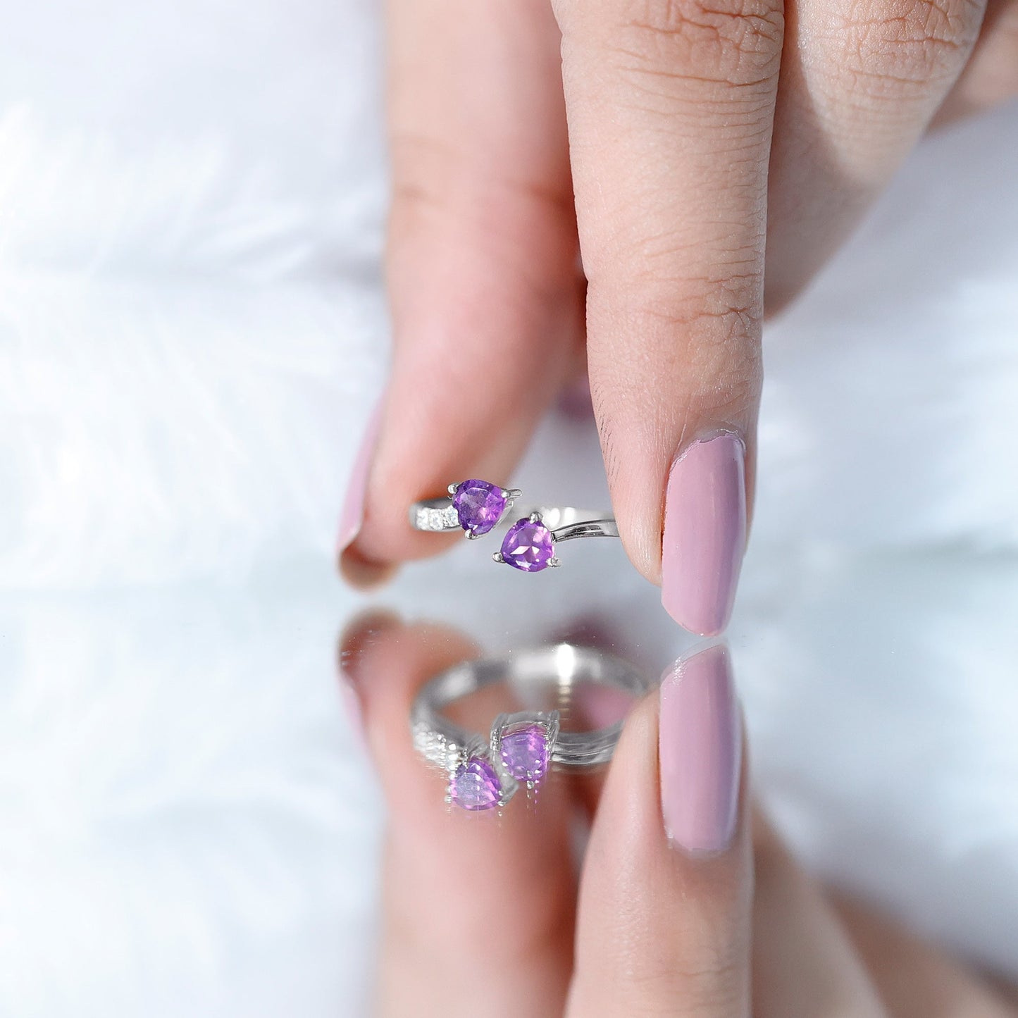 Natural Amethyst 2 Stone Heart Promise Ring with Diamond