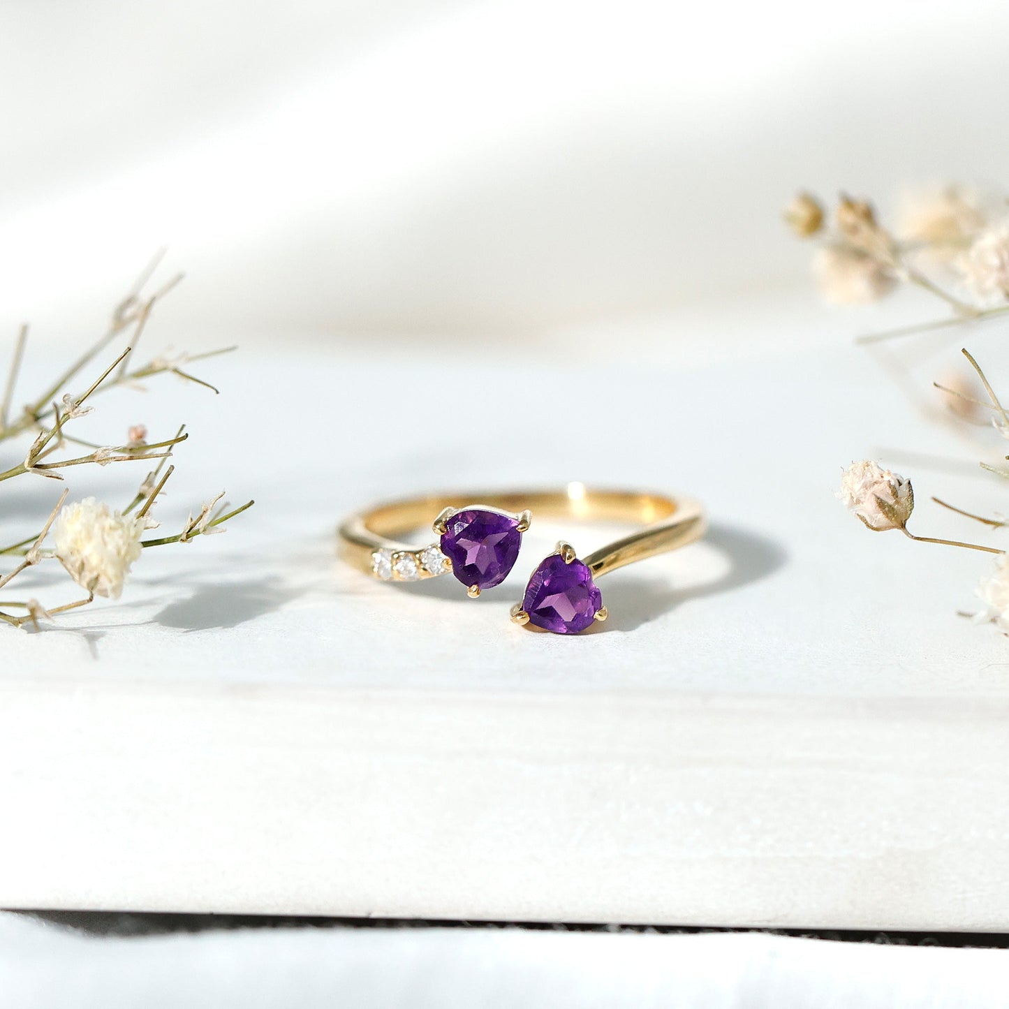 Natural Amethyst 2 Stone Heart Promise Ring with Diamond