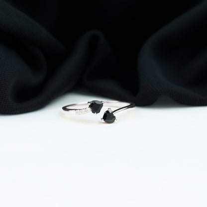 Genuine Black Onyx Double Heart Promise Ring with Diamond
