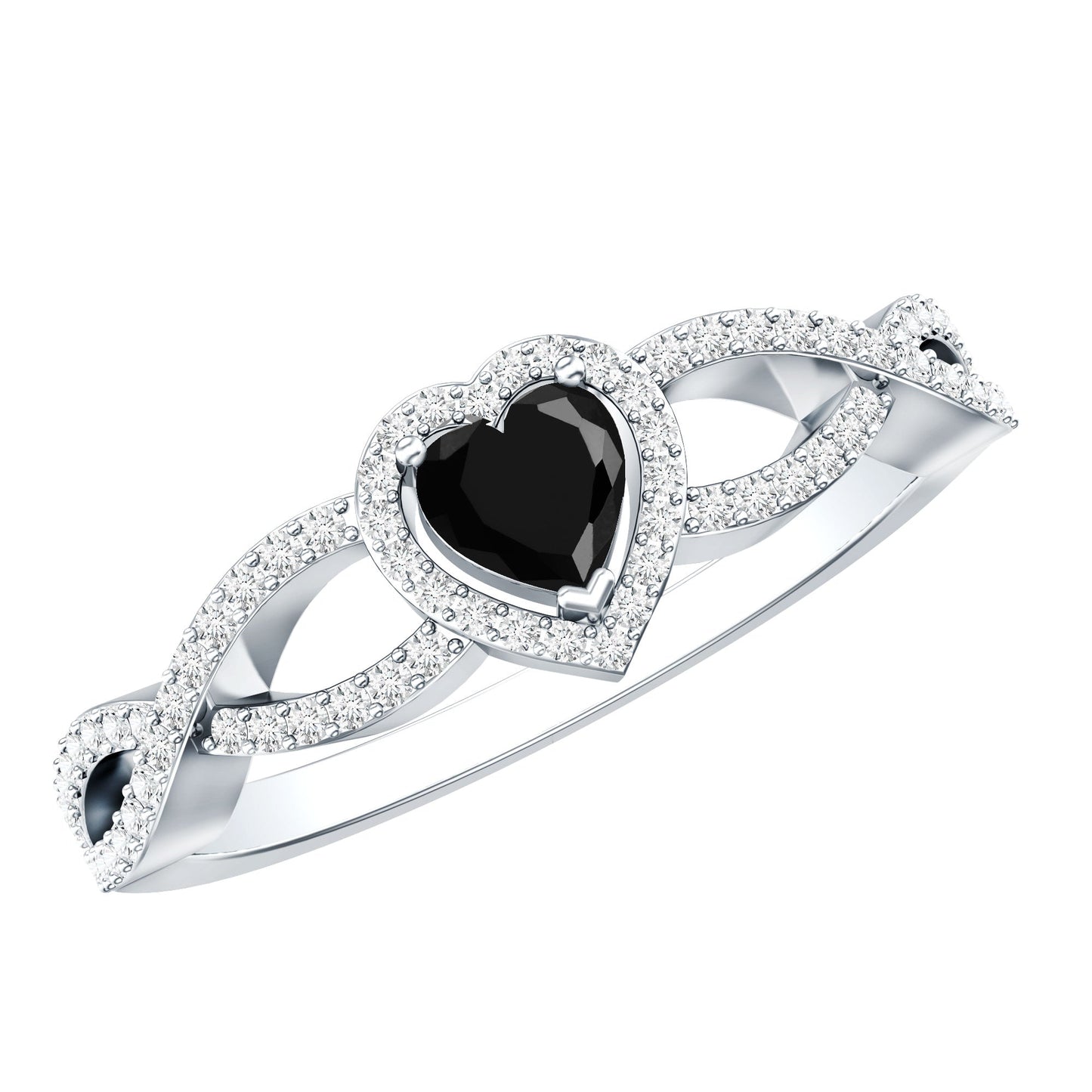 0.6 Carat Lab Grown Black and White Diamond Heart Engagement Ring with Crossover Shank