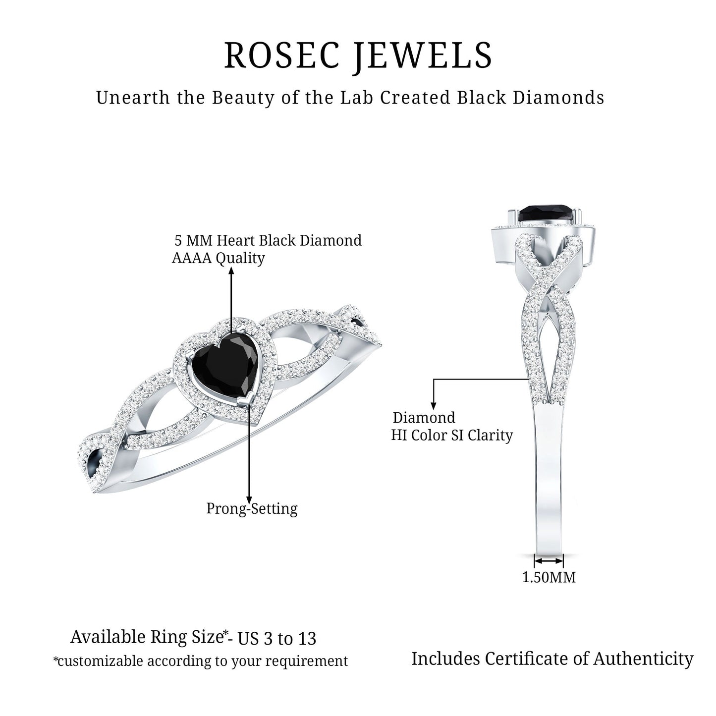 0.6 Carat Lab Grown Black and White Diamond Heart Engagement Ring with Crossover Shank