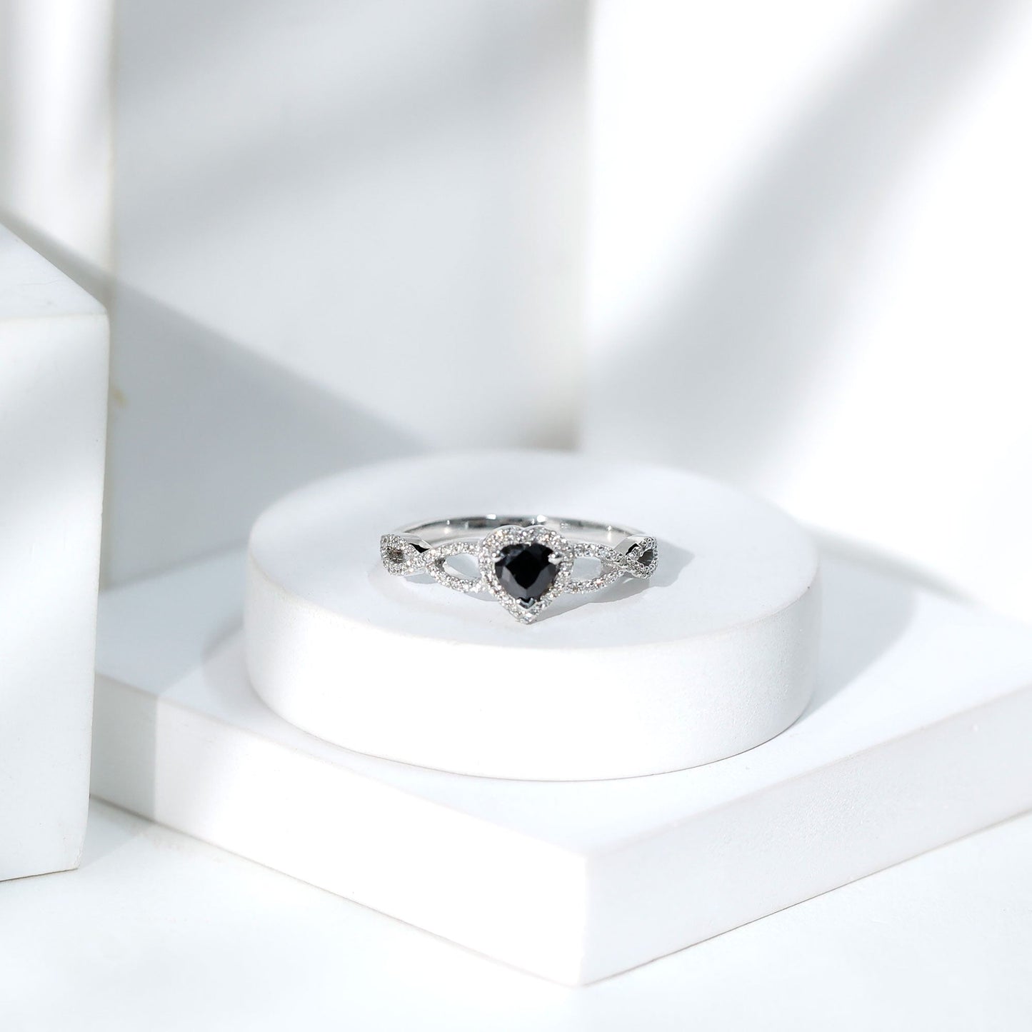 0.6 Carat Lab Grown Black and White Diamond Heart Engagement Ring with Crossover Shank
