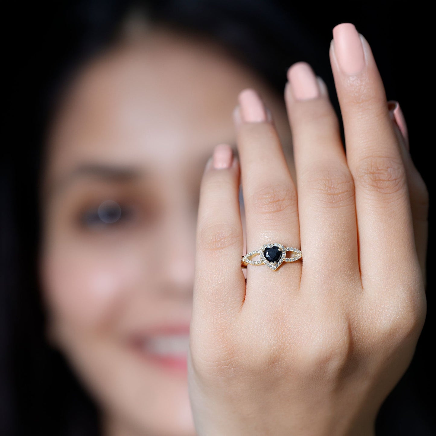 0.6 Carat Lab Grown Black and White Diamond Heart Engagement Ring with Crossover Shank