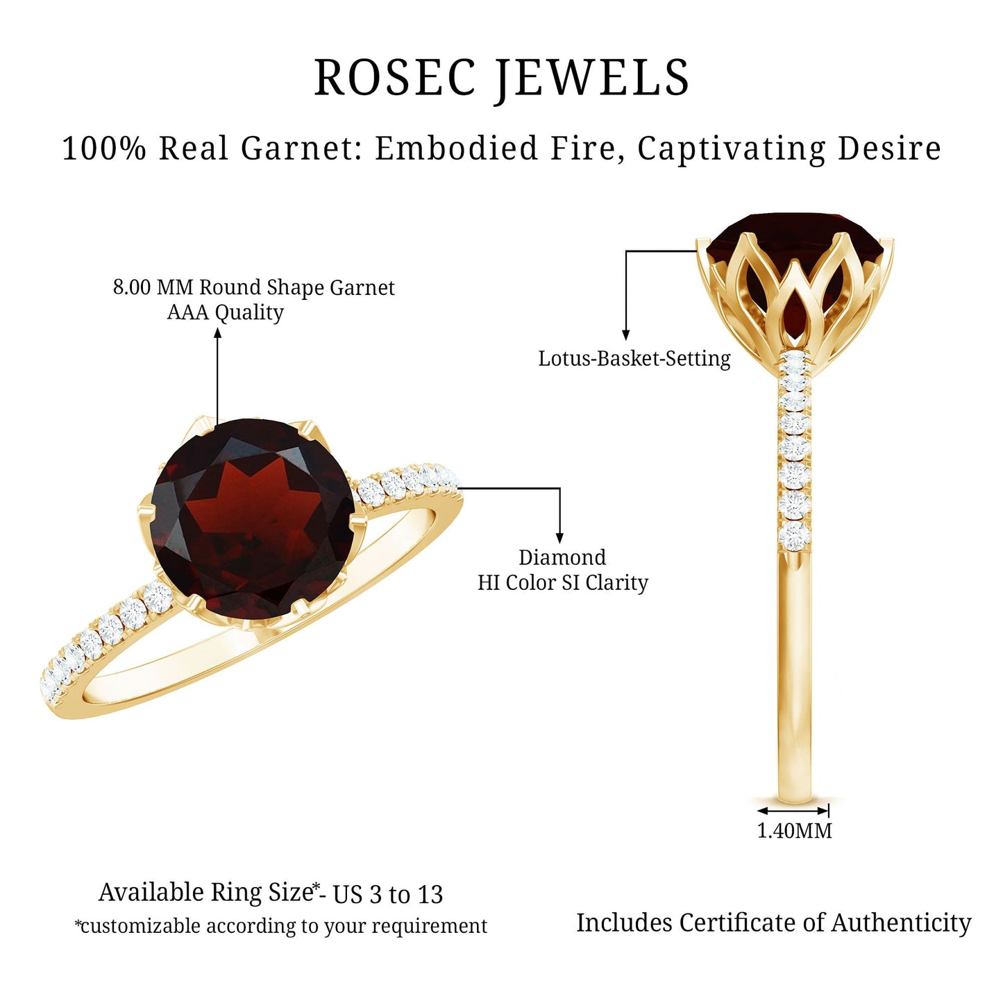 Natural 2.3 Carat Garnet Solitaire Engagement Ring with Diamond