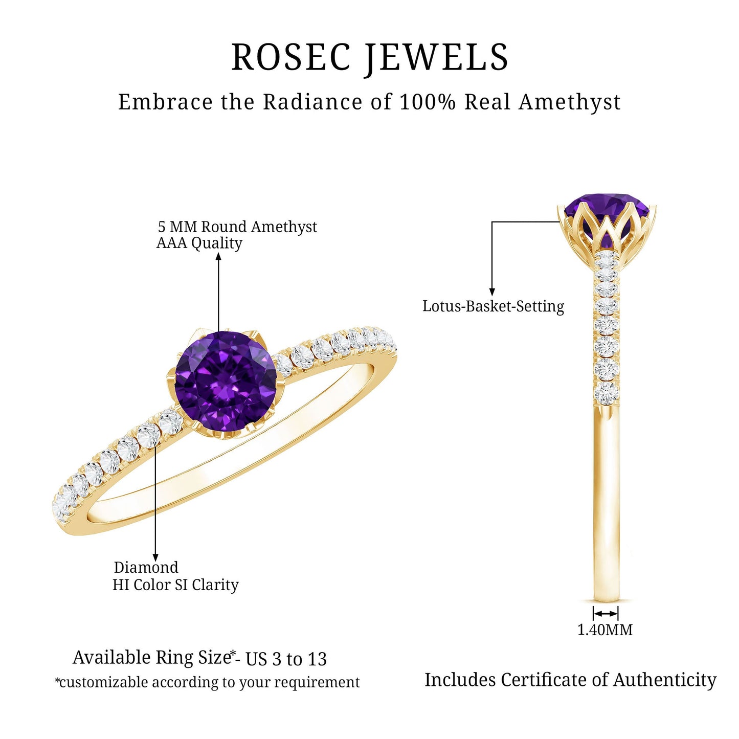 Genuine Amethyst Diamond Promise Ring for Women