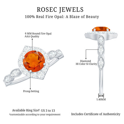 Vintage Style Fire Opal Engagement Ring with Diamond Accent