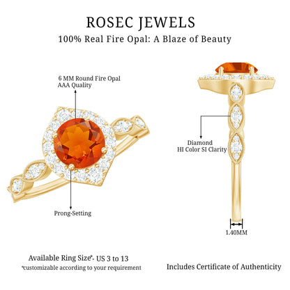 Vintage Style Fire Opal Engagement Ring with Diamond Accent