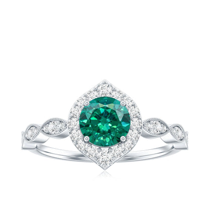 Lab Created Emerald Vintage Style Engagement Ring With Diamonds