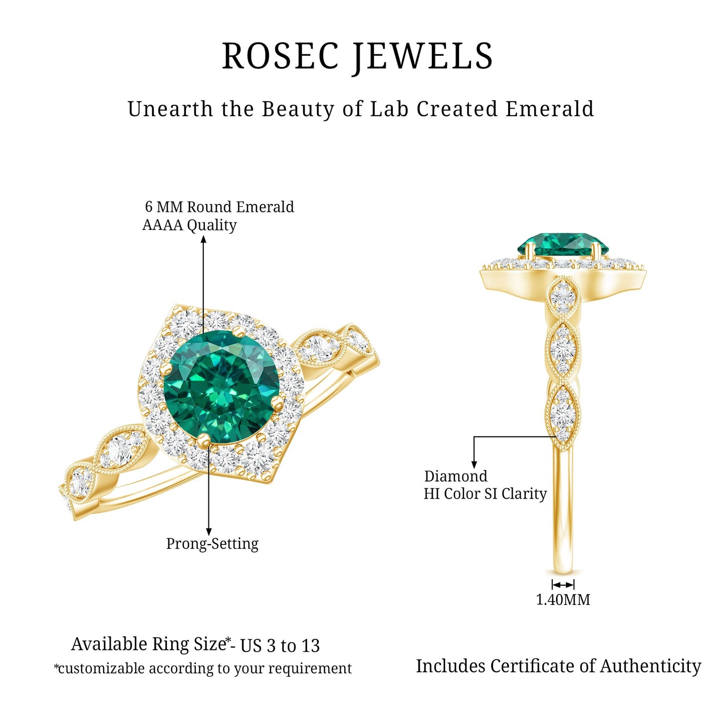 Lab Created Emerald Vintage Style Engagement Ring With Diamonds
