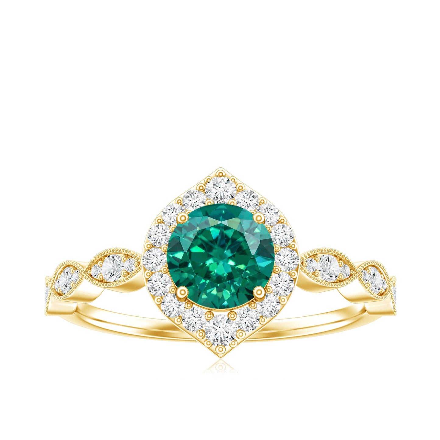 Lab Created Emerald Vintage Style Engagement Ring With Diamonds