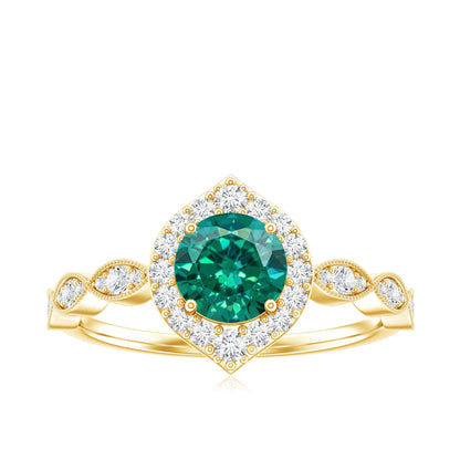 Lab Created Emerald Vintage Style Engagement Ring With Diamonds
