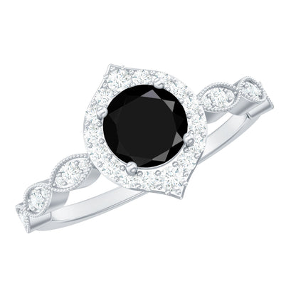 Vintage Black Spinel Engagement Ring with Diamond Halo