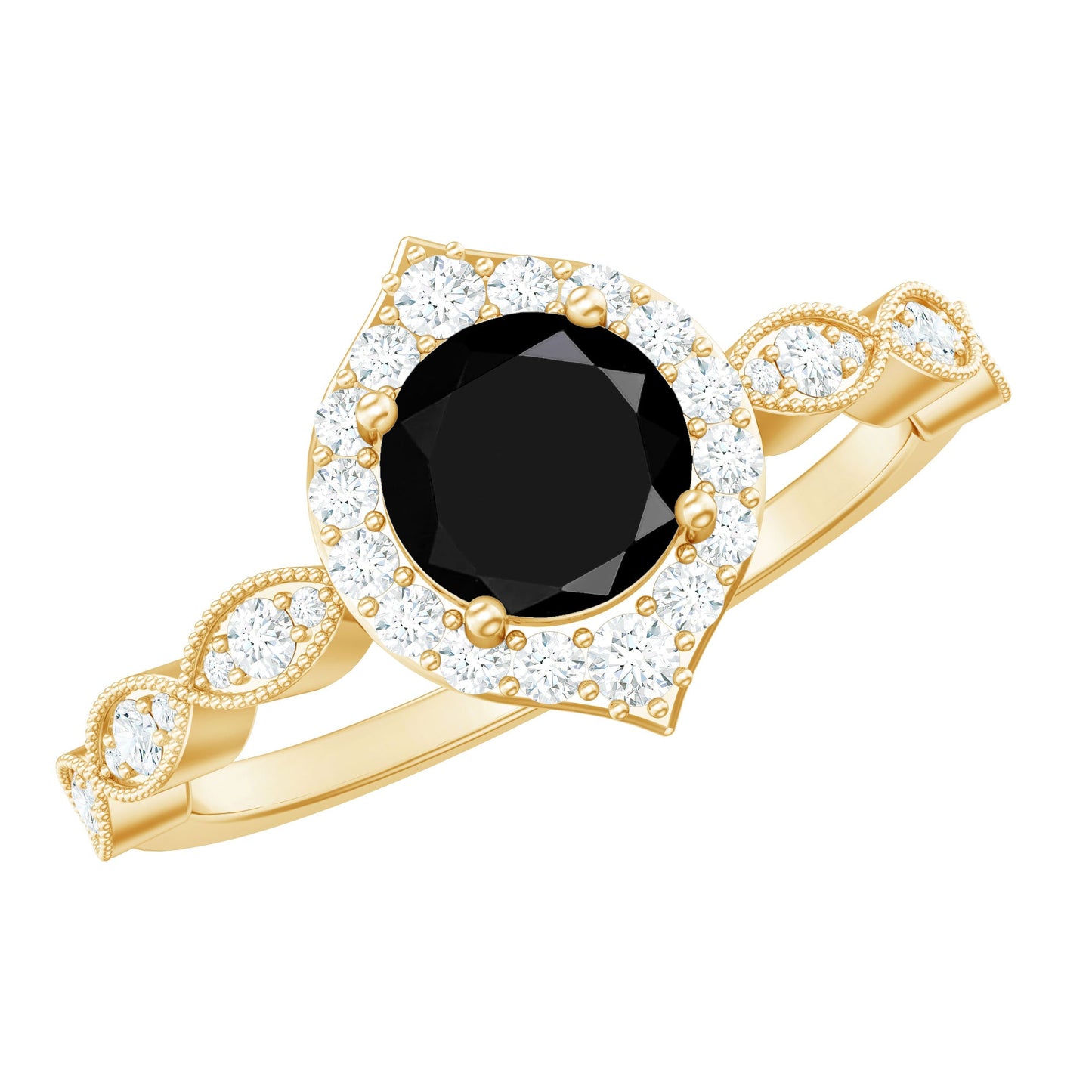 Vintage Black Spinel Engagement Ring with Diamond Halo