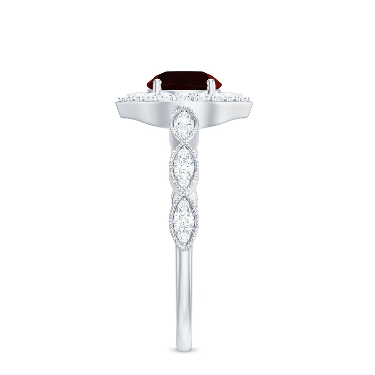 Vintage Looking Garnet Engagement Ring with Diamond Halo