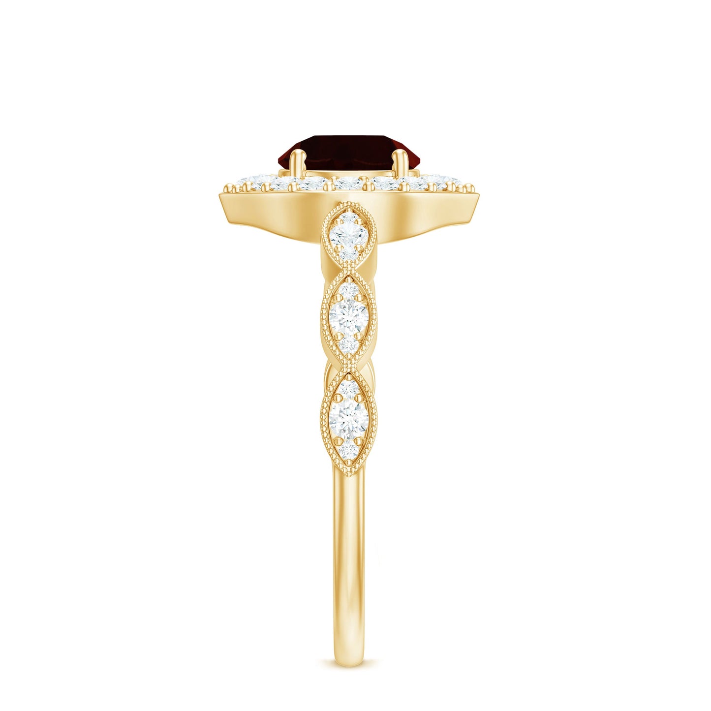 Vintage Looking Garnet Engagement Ring with Diamond Halo