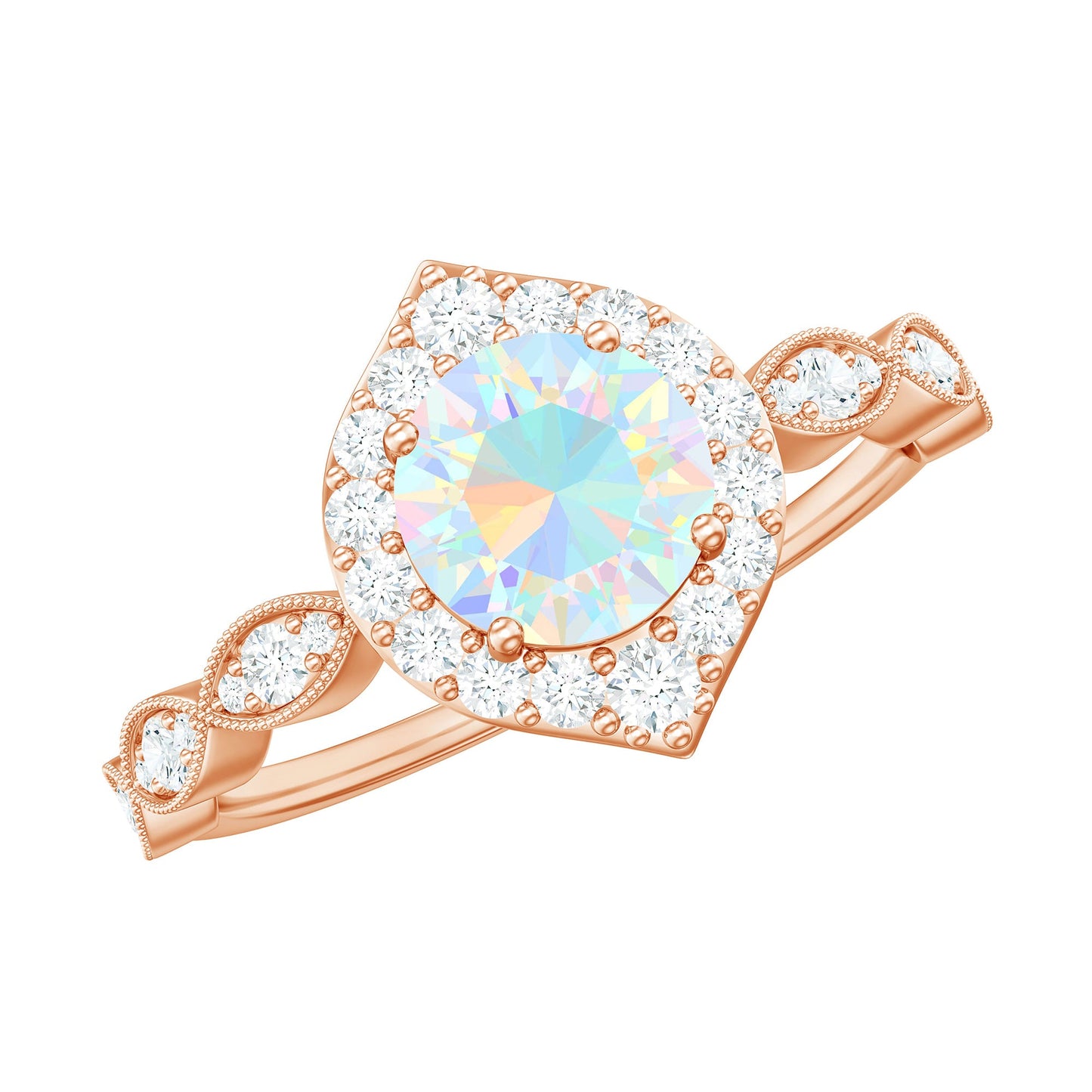 Vintage Looking Ethiopian Opal Engagement Ring with Real Diamond Halo