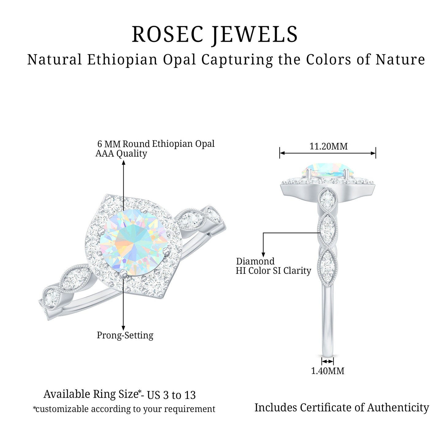 Vintage Looking Ethiopian Opal Engagement Ring with Real Diamond Halo