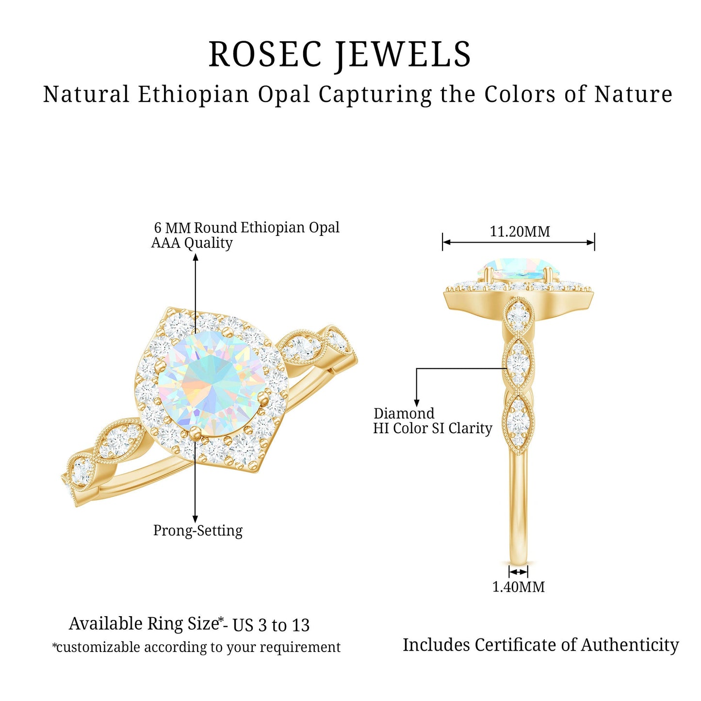 Vintage Looking Ethiopian Opal Engagement Ring with Real Diamond Halo