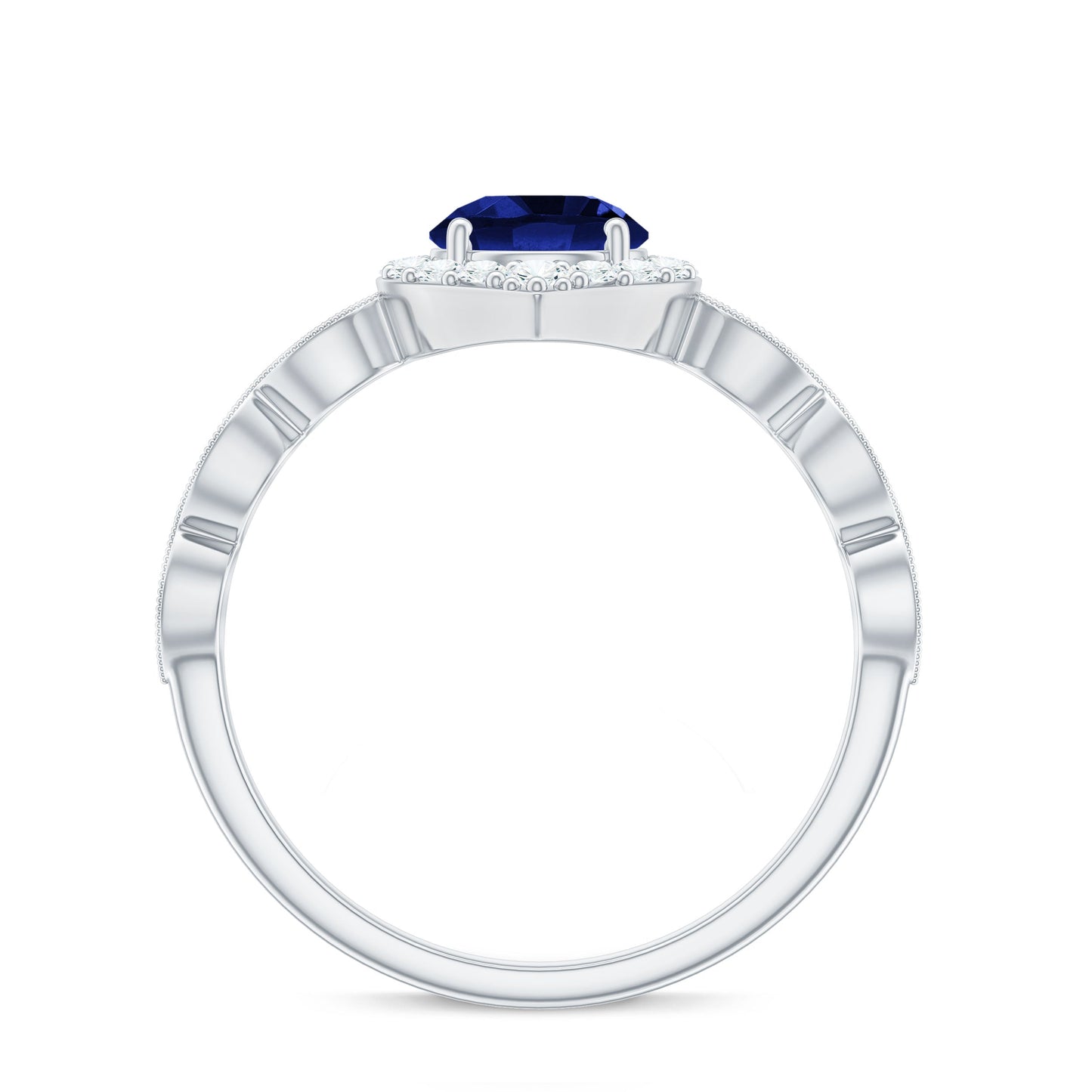 Vintage Inspired 1 Carat Lab Grown Blue Sapphire Engagement Ring with Diamond Halo