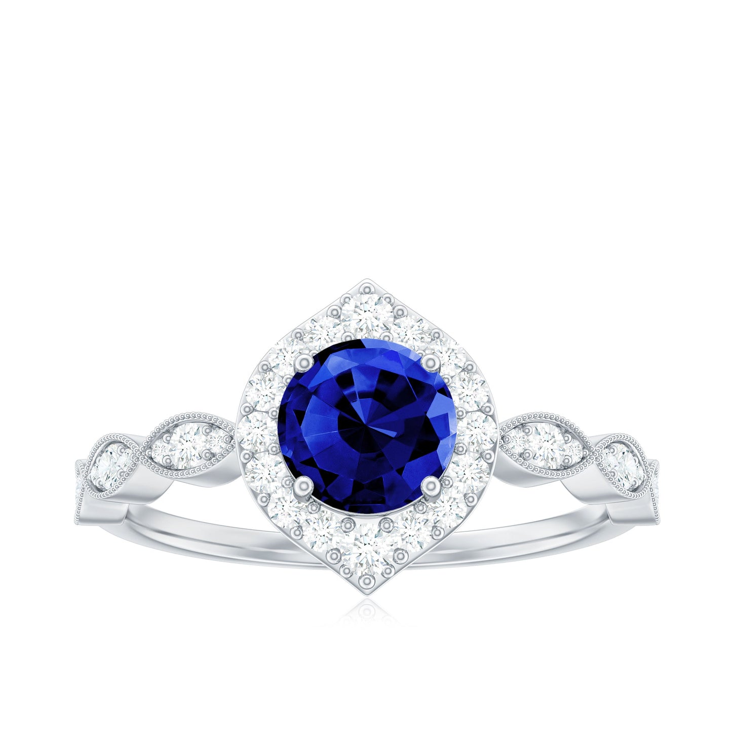 Vintage Inspired 1 Carat Lab Grown Blue Sapphire Engagement Ring with Diamond Halo