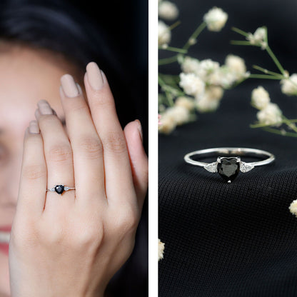 Certified Lab Grown Black Diamond Heart Promise Ring with White Diamond