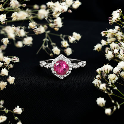 Genuine Pink Tourmaline Vintage Engagement Ring with Diamond