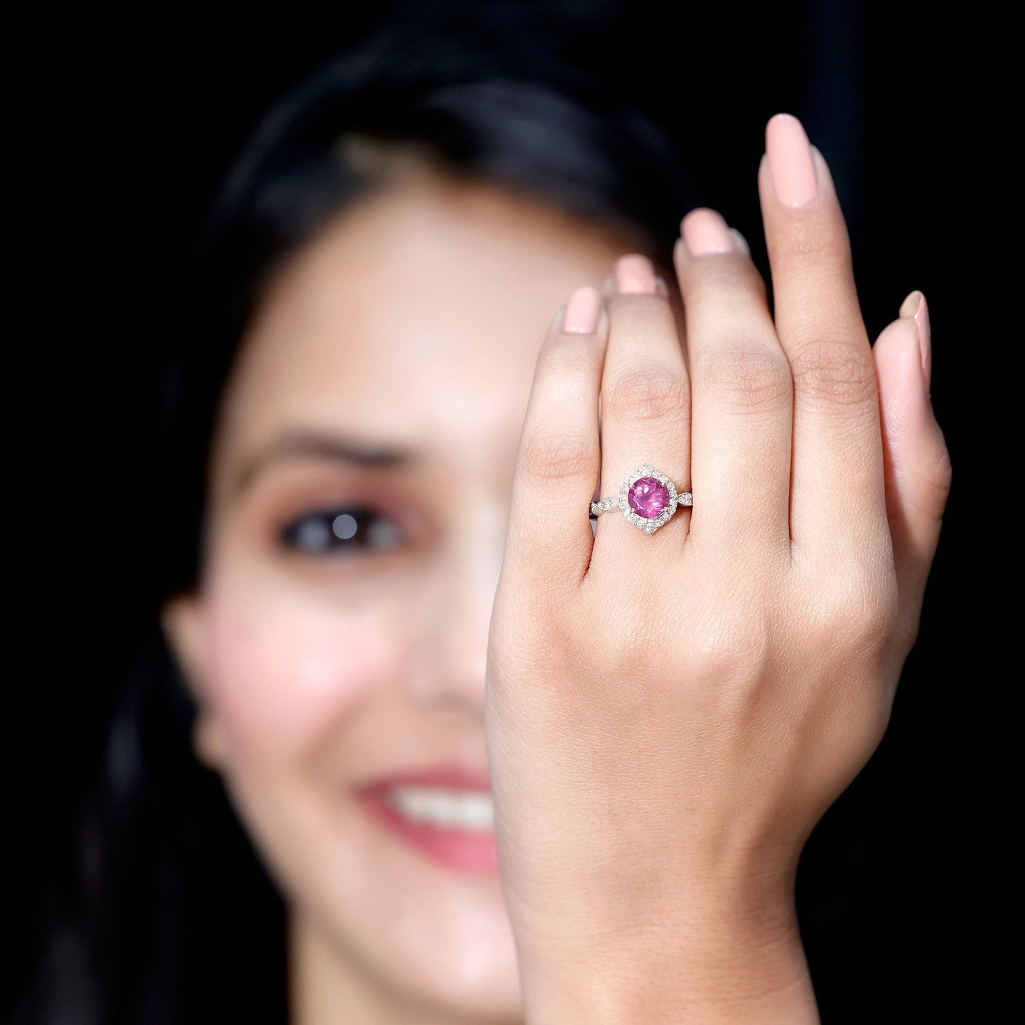 Genuine Pink Tourmaline Vintage Engagement Ring with Diamond