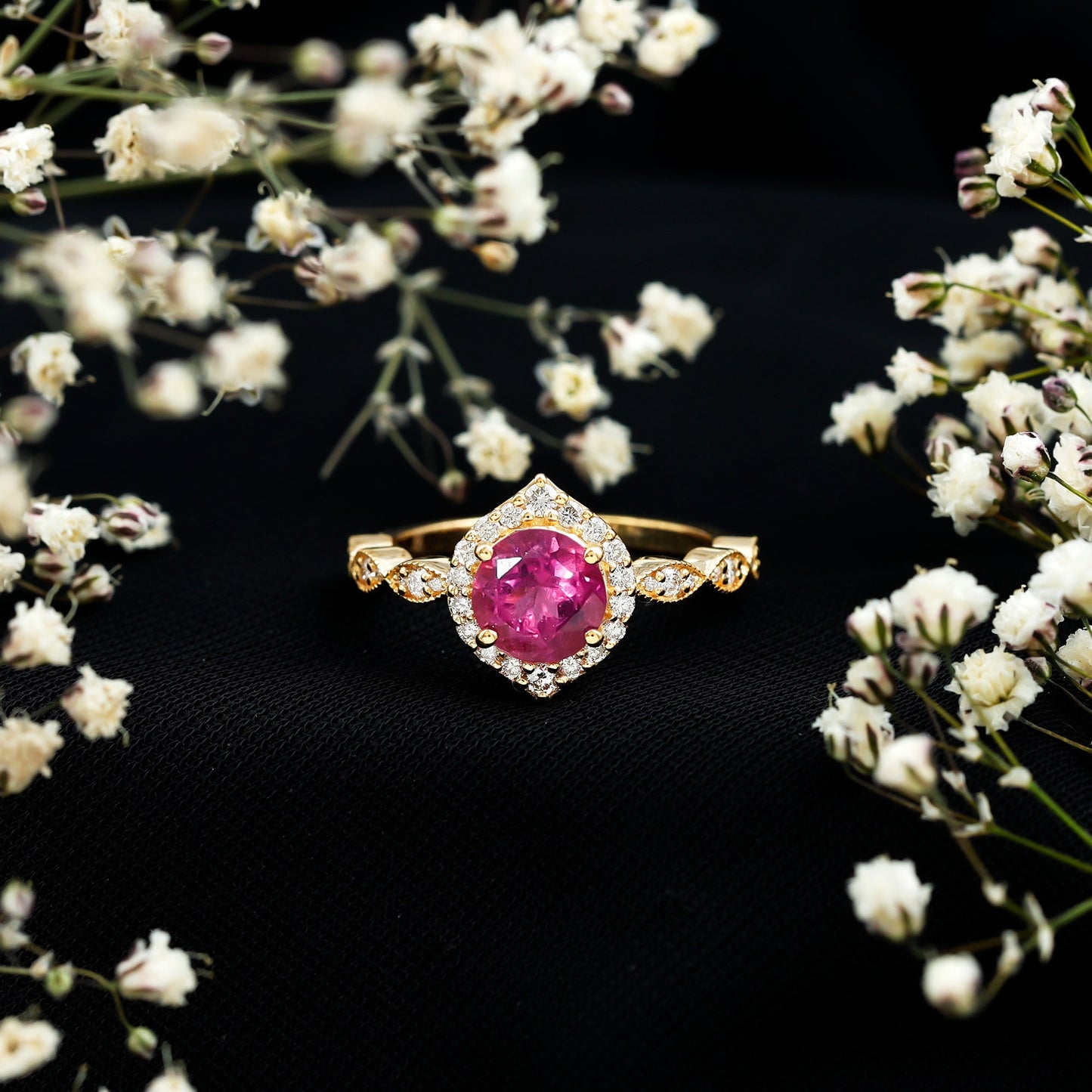 Genuine Pink Tourmaline Vintage Engagement Ring with Diamond