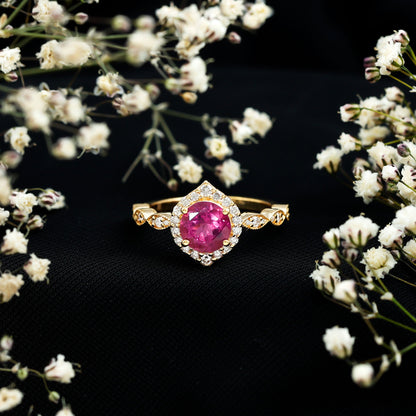 Genuine Pink Tourmaline Vintage Engagement Ring with Diamond