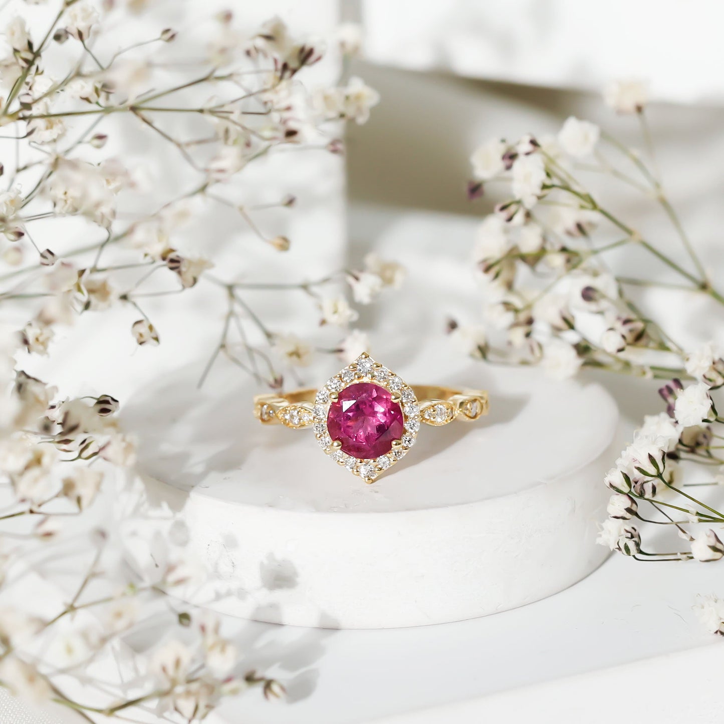 Genuine Pink Tourmaline Vintage Engagement Ring with Diamond