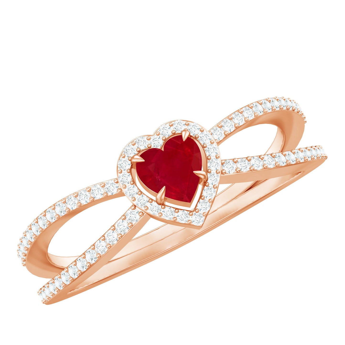 Natural Ruby Heart Engagement Ring with Diamond Split Shank