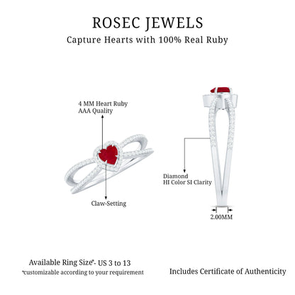 Natural Ruby Heart Engagement Ring with Diamond Split Shank