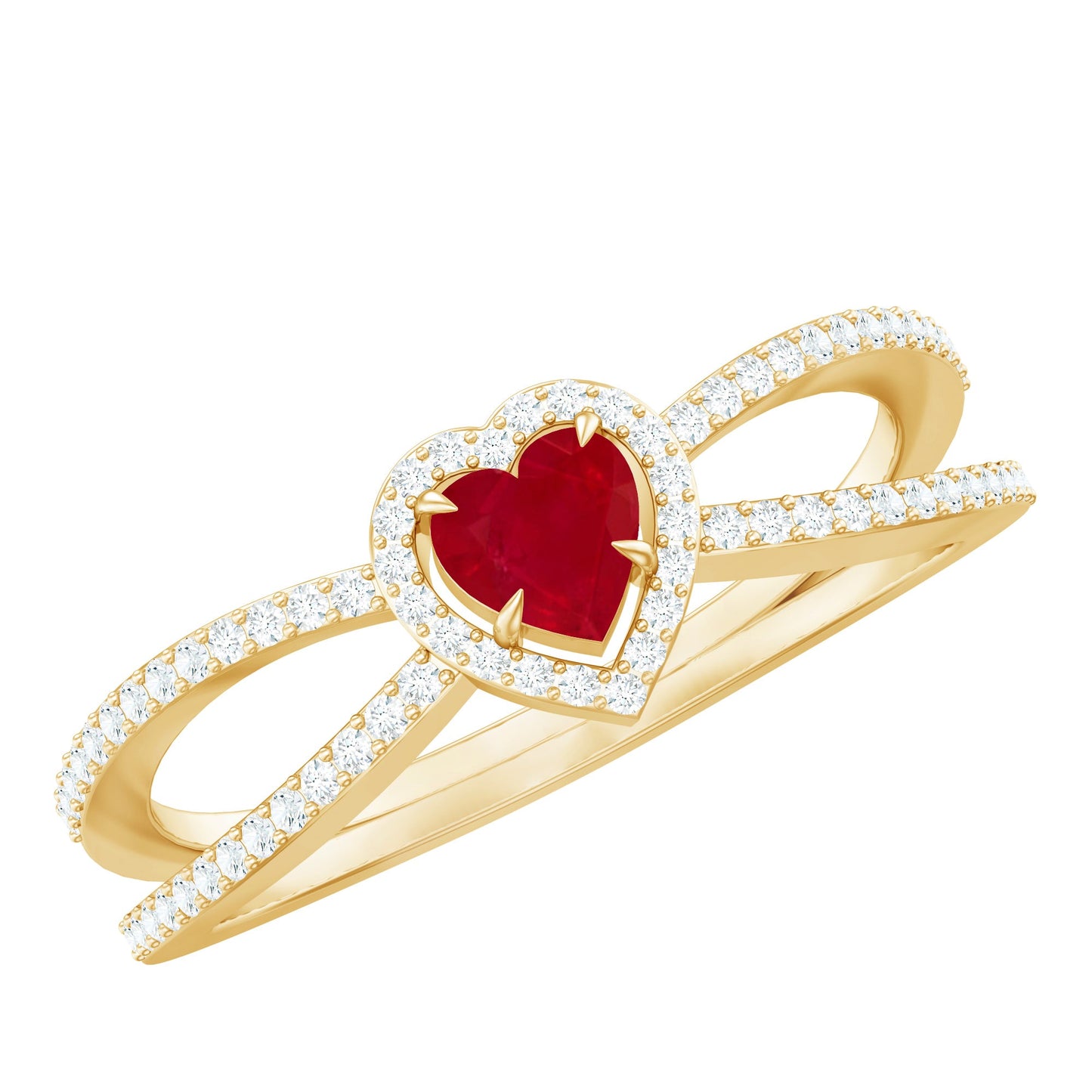 Natural Ruby Heart Engagement Ring with Diamond Split Shank