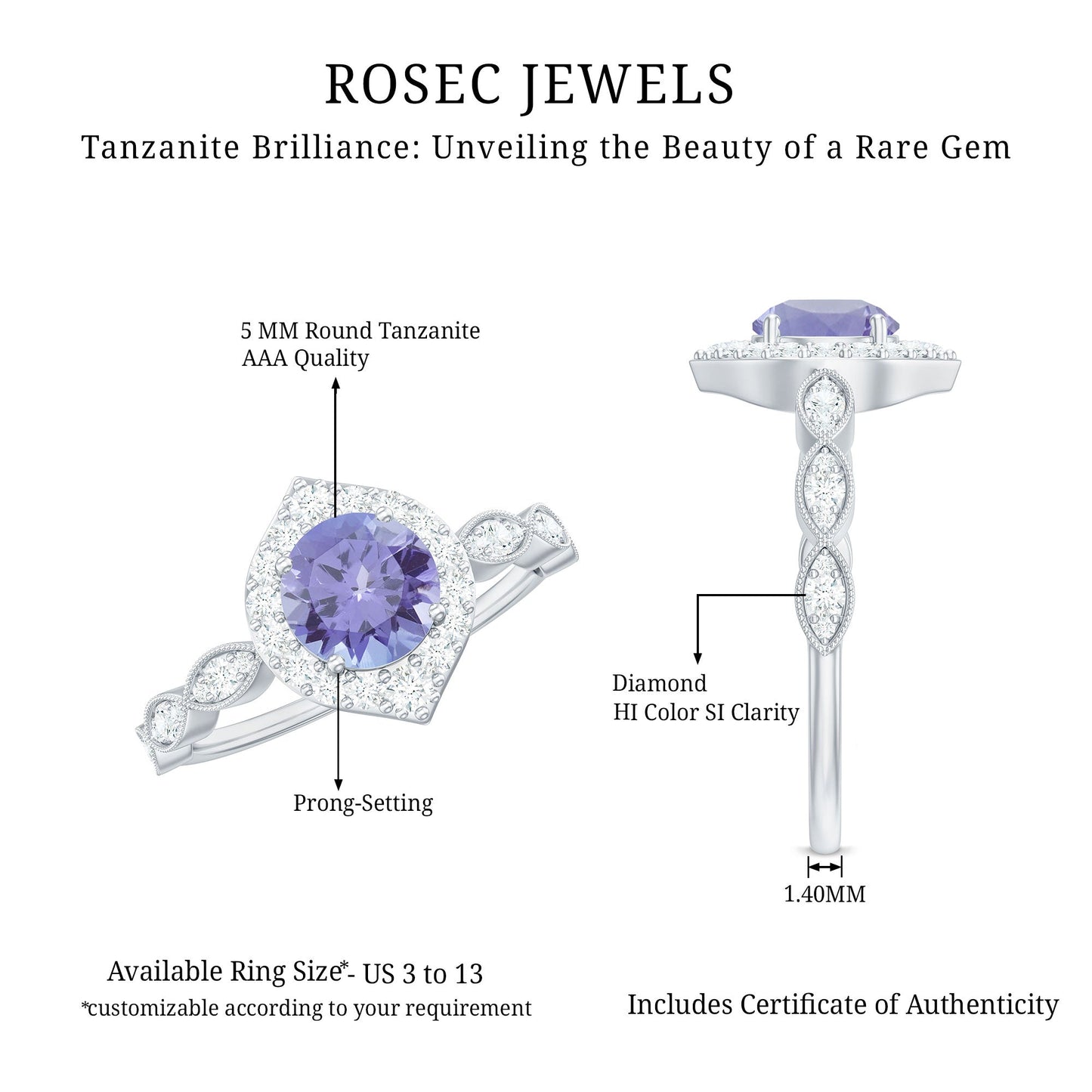 Real 0.54 Carat Tanzanite Vintage Engagement Ring with Diamond