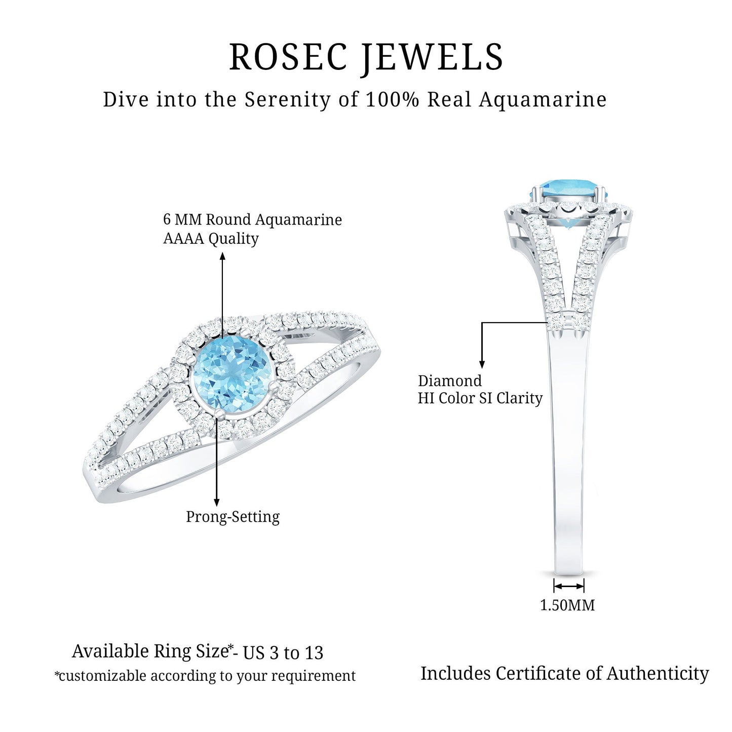 0.8 Carat Aquamarine and Diamond Split Shank Engagement Ring for Women